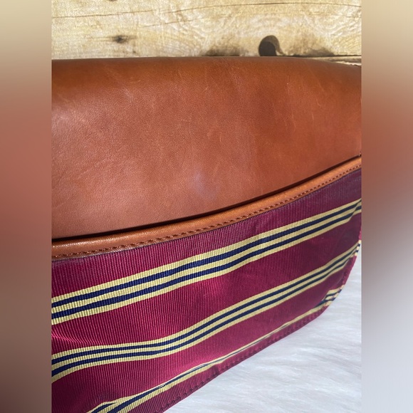 Brooks Brothers Brown Leather Red Multi Striped Fabric Crossbody Bag Purse - Picture 8 of 16